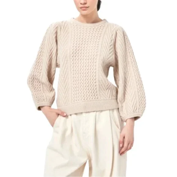 NWT Demylee Feline Sweater Womens Small Cream Buttermilk Crew Neck Fisherman NEW